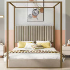 Letto a baldacchino a piattaforma Queen Size con testiera imbottita a canale, telaio a baldacchino a 4 colonne in metallo dorato per bambini, adolescenti, adulti, beige