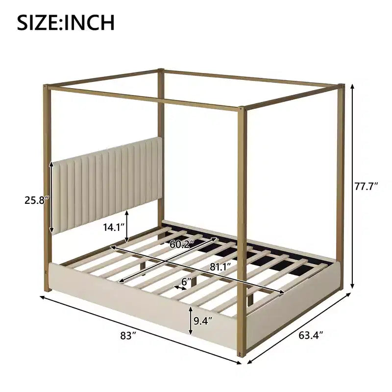 Letto a baldacchino a piattaforma Queen Size con testiera imbottita a canale, telaio a baldacchino a 4 colonne in metallo dorato per bambini, adolescenti, adulti, beige