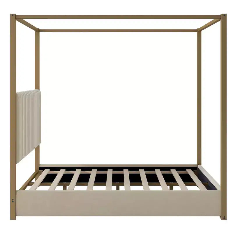 Letto a baldacchino a piattaforma Queen Size con testiera imbottita a canale, telaio a baldacchino a 4 colonne in metallo dorato per bambini, adolescenti, adulti, beige