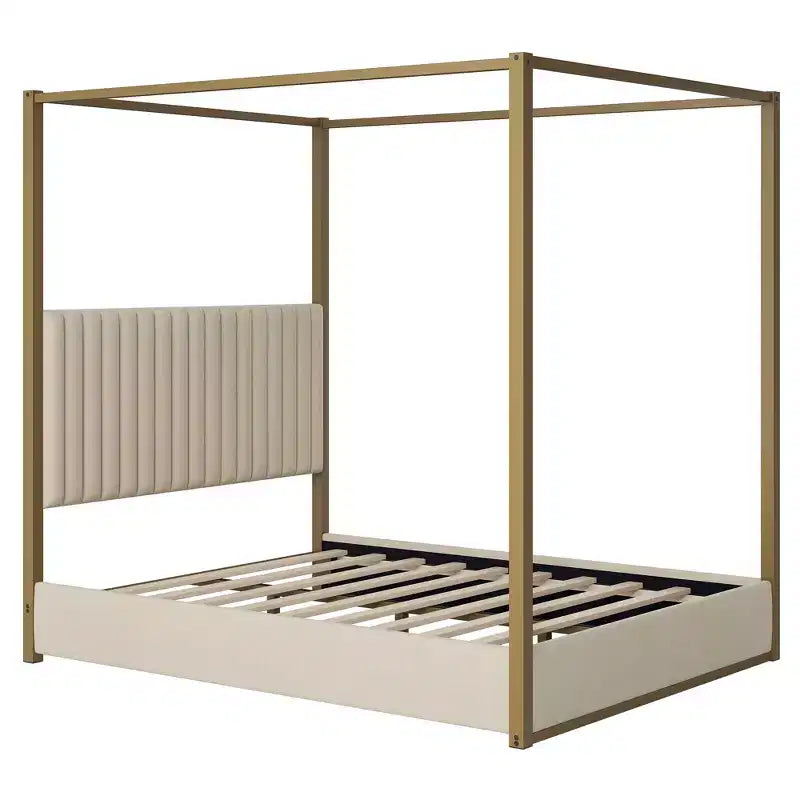 Letto a baldacchino a piattaforma Queen Size con testiera imbottita a canale, telaio a baldacchino a 4 colonne in metallo dorato per bambini, adolescenti, adulti, beige