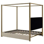 Letto a baldacchino a piattaforma Queen Size con testiera imbottita a canale, telaio a baldacchino a 4 colonne in metallo dorato per bambini, adolescenti, adulti, beige