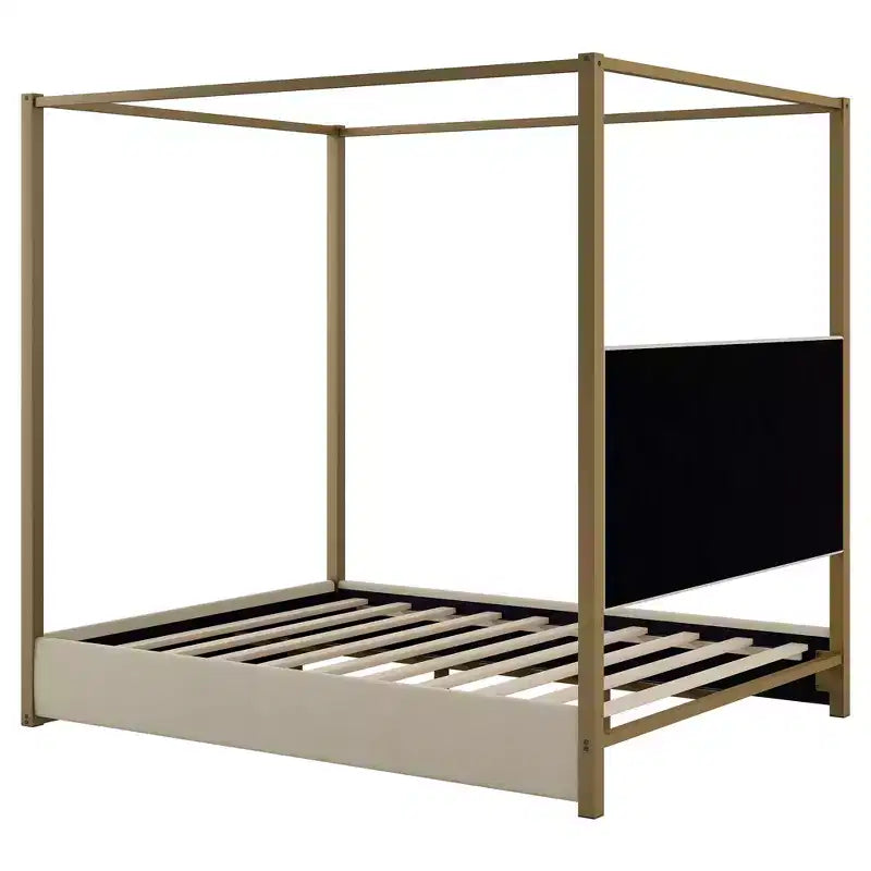 Letto a baldacchino a piattaforma Queen Size con testiera imbottita a canale, telaio a baldacchino a 4 colonne in metallo dorato per bambini, adolescenti, adulti, beige