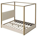 Letto a baldacchino a piattaforma Queen Size con testiera imbottita a canale, telaio a baldacchino a 4 colonne in metallo dorato per bambini, adolescenti, adulti, beige