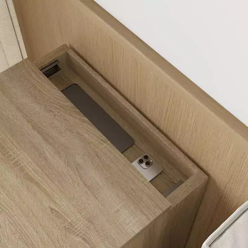 Comodino Famapy Smart Rovere Chiaro con Cassetto Nascosto, Top Ribaltabile - Anta con Serratura NFC e Cassetto Inferiore a Scomparsa, Tavolino Laterale per Camera da Letto e Soggiorno