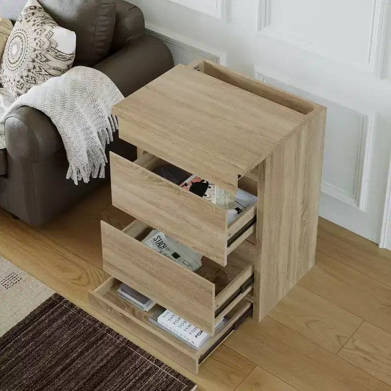 Comodino Famapy Smart Rovere Chiaro con Cassetto Nascosto, Top Ribaltabile - Anta con Serratura NFC e Cassetto Inferiore a Scomparsa, Tavolino Laterale per Camera da Letto e Soggiorno