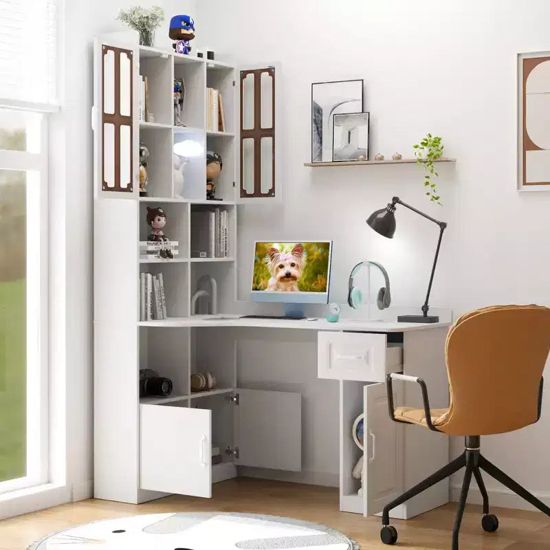 CLIHOME Scrivania angolare a L 2 in 1 per computer, per casa, ufficio o studio, tavolo da studio con cassetti, libreria e mensola superiore, ampio spazio di lavoro