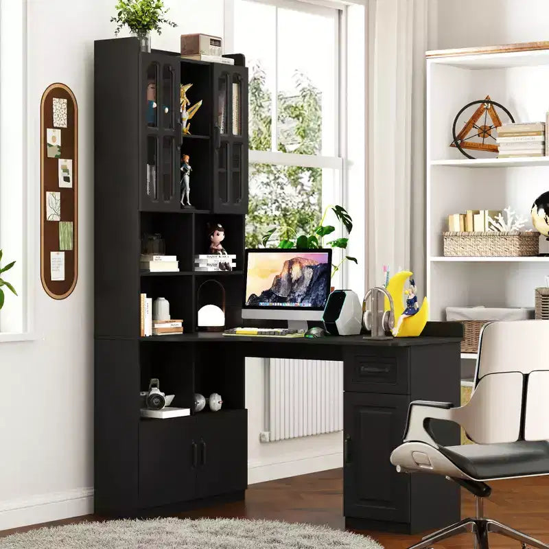 CLIHOME Scrivania angolare a L 2 in 1 per computer, per casa, ufficio o studio, tavolo da studio con cassetti, libreria e mensola superiore, ampio spazio di lavoro