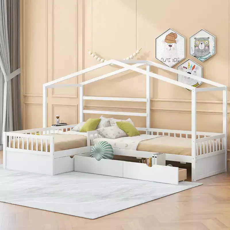 Letto matrimoniale angolare a L per 2 bambini, letto a piattaforma a casetta per due con 3 cassetti portaoggetti, letti matrimoniali doppi in legno con recinzione e tetto