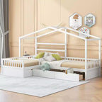 Letto matrimoniale angolare a L per 2 bambini, letto a piattaforma a casetta per due con 3 cassetti portaoggetti, letti matrimoniali doppi in legno con recinzione e tetto
