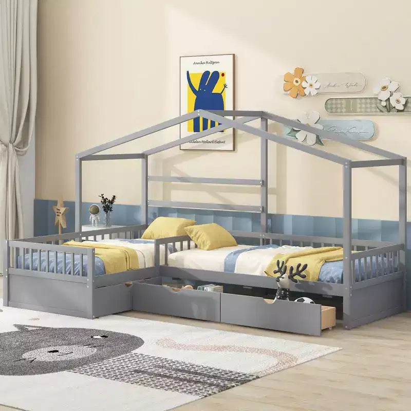 Letto matrimoniale angolare a L per 2 bambini, letto a piattaforma a casetta per due con 3 cassetti portaoggetti, letti matrimoniali doppi in legno con recinzione e tetto