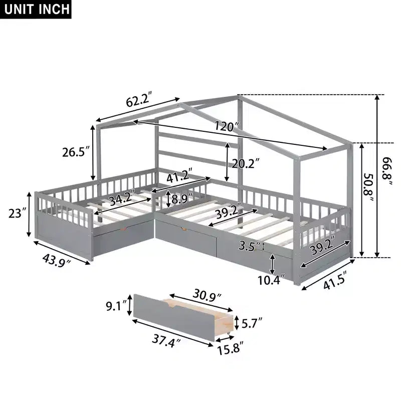 Letto matrimoniale angolare a L per 2 bambini, letto a piattaforma a casetta per due con 3 cassetti portaoggetti, letti matrimoniali doppi in legno con recinzione e tetto