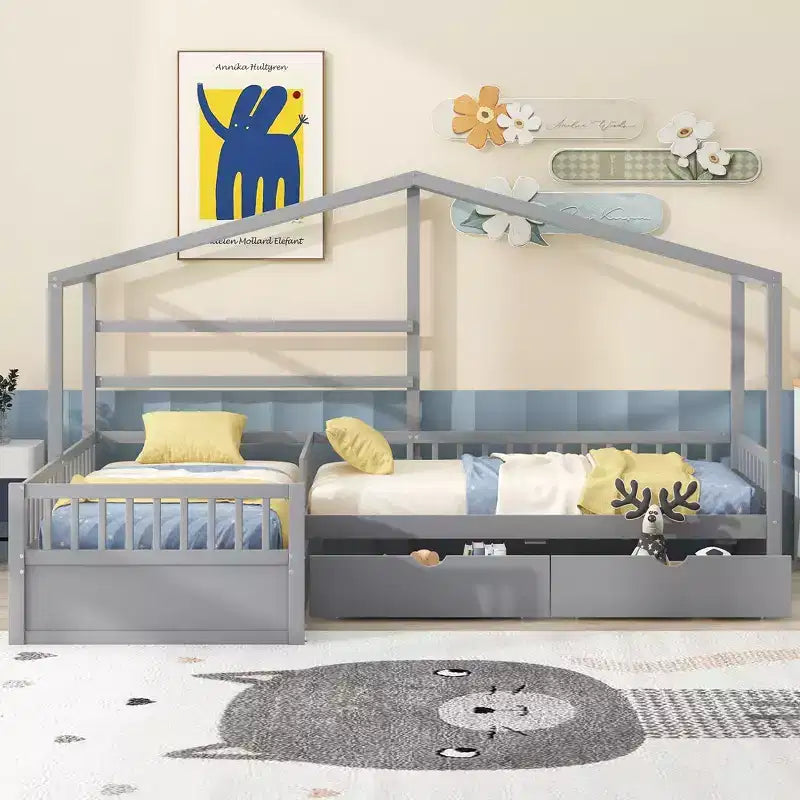 Letto matrimoniale angolare a L per 2 bambini, letto a piattaforma a casetta per due con 3 cassetti portaoggetti, letti matrimoniali doppi in legno con recinzione e tetto