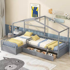 L Shaped Corner Twin Bed for 2 Kids, Twin Size House Platform Bed with 3 Storage Drawers, Wood Double Twin Beds with Fence and Roof