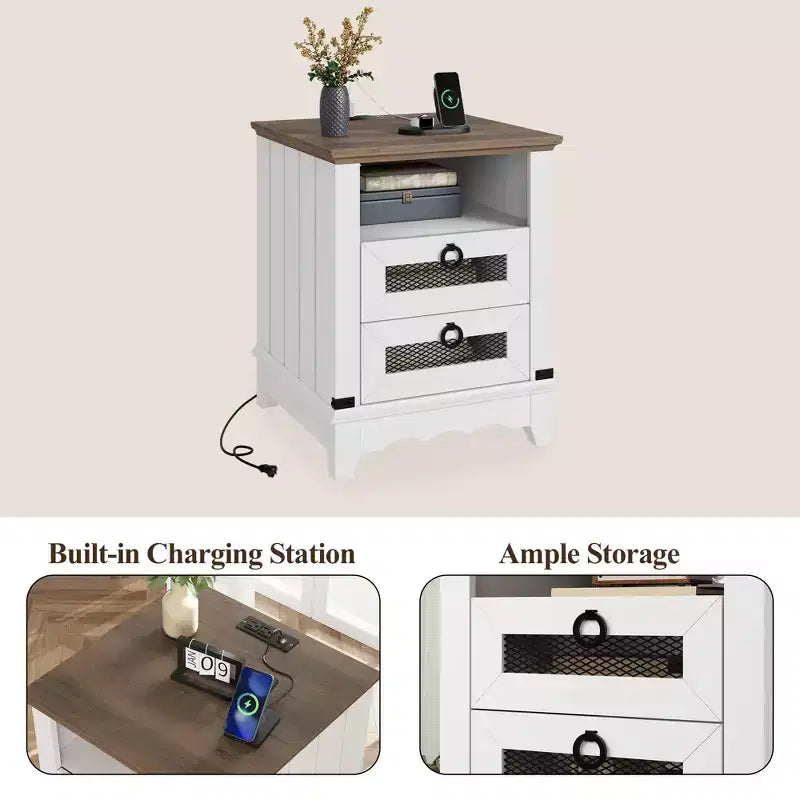 COZONY Comodino da fattoria con stazione di ricarica, cassetti, vano aperto, tavolino da notte per camera da letto soggiorno