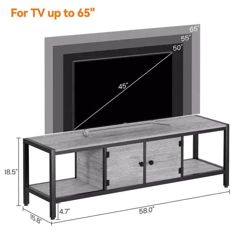 Mobile TV per TV fino a 65 pollici, Tavolino Porta TV Grande con 2 Vani Chiusi e Scomparti Aperti, Mobile Soggiorno in Legno con Piedini