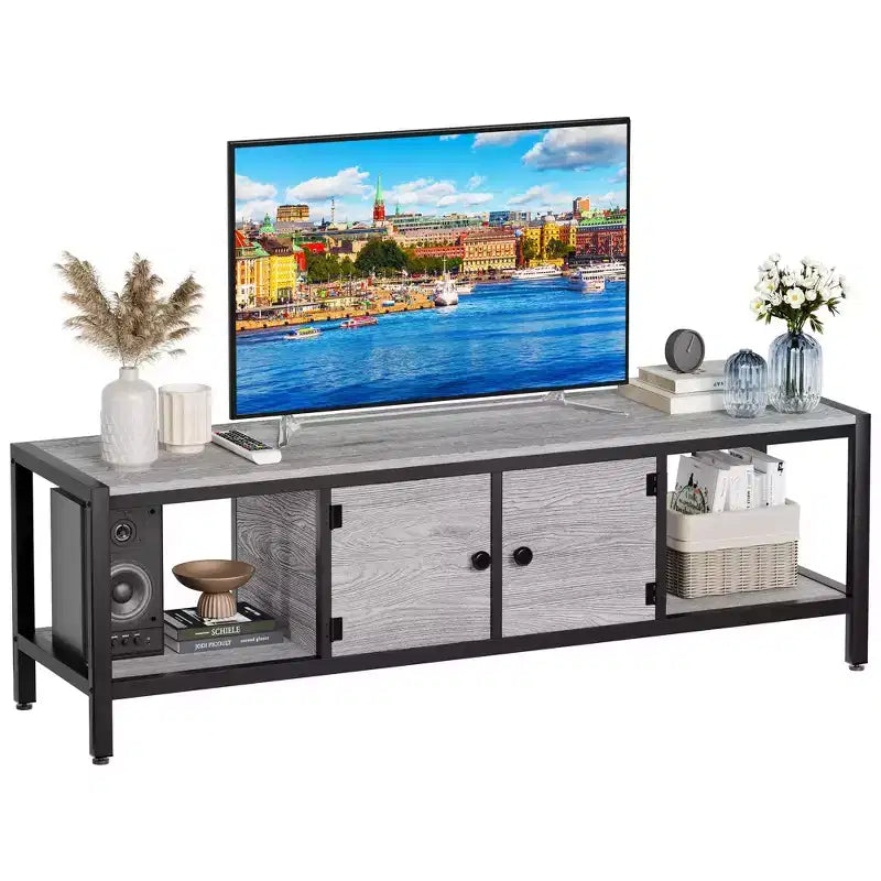 Mobile TV per TV fino a 65 pollici, Tavolino Porta TV Grande con 2 Vani Chiusi e Scomparti Aperti, Mobile Soggiorno in Legno con Piedini