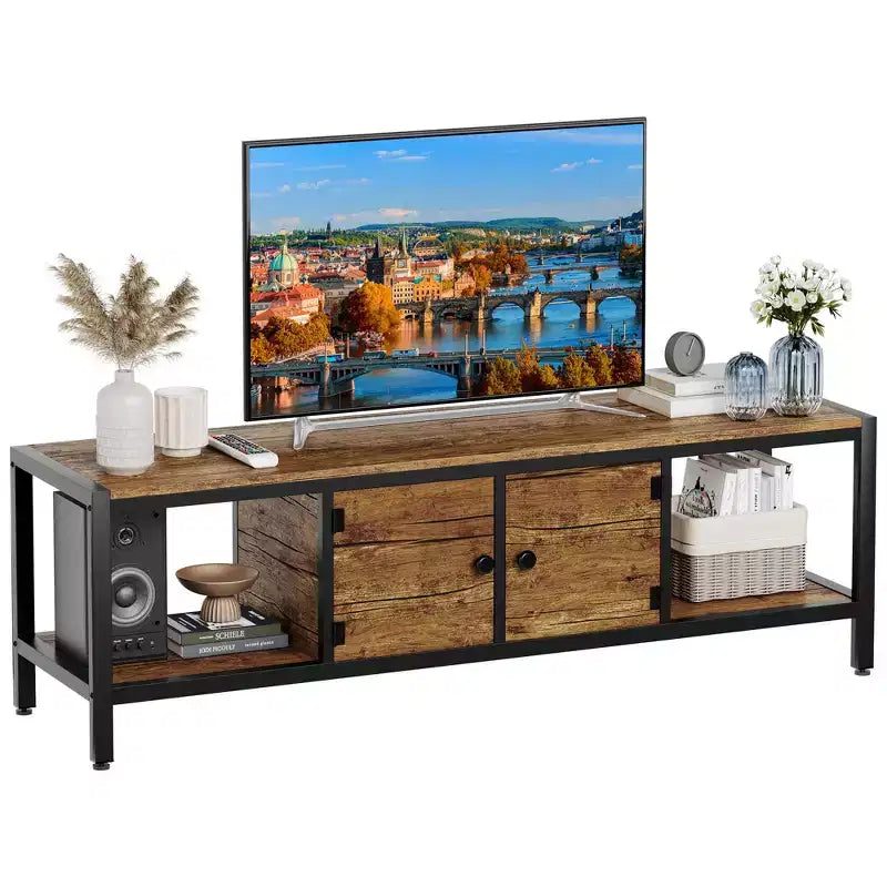 Mobile TV per TV fino a 65 pollici, Tavolino Porta TV Grande con 2 Vani Chiusi e Scomparti Aperti, Mobile Soggiorno in Legno con Piedini