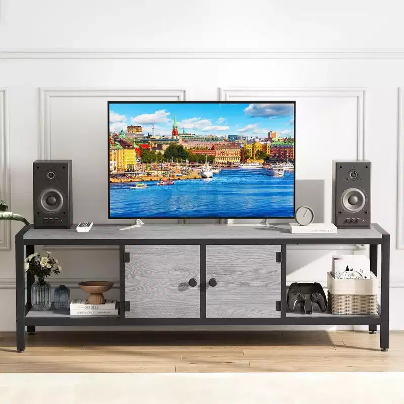 Mobile TV per TV fino a 65 pollici, Tavolino Porta TV Grande con 2 Vani Chiusi e Scomparti Aperti, Mobile Soggiorno in Legno con Piedini