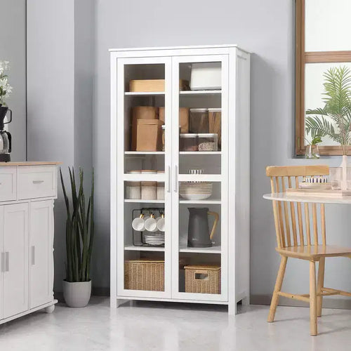 Dispensa da Cucina 63, Mobile Contenitore Indipendente, Vetrina con 2 Ante in Vetro e 2 Ripiani Regolabili per Sala da Pranzo