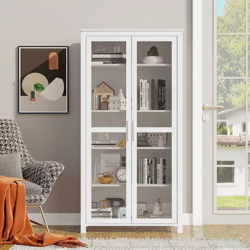 Dispensa da Cucina 63, Mobile Contenitore Indipendente, Vetrina con 2 Ante in Vetro e 2 Ripiani Regolabili per Sala da Pranzo