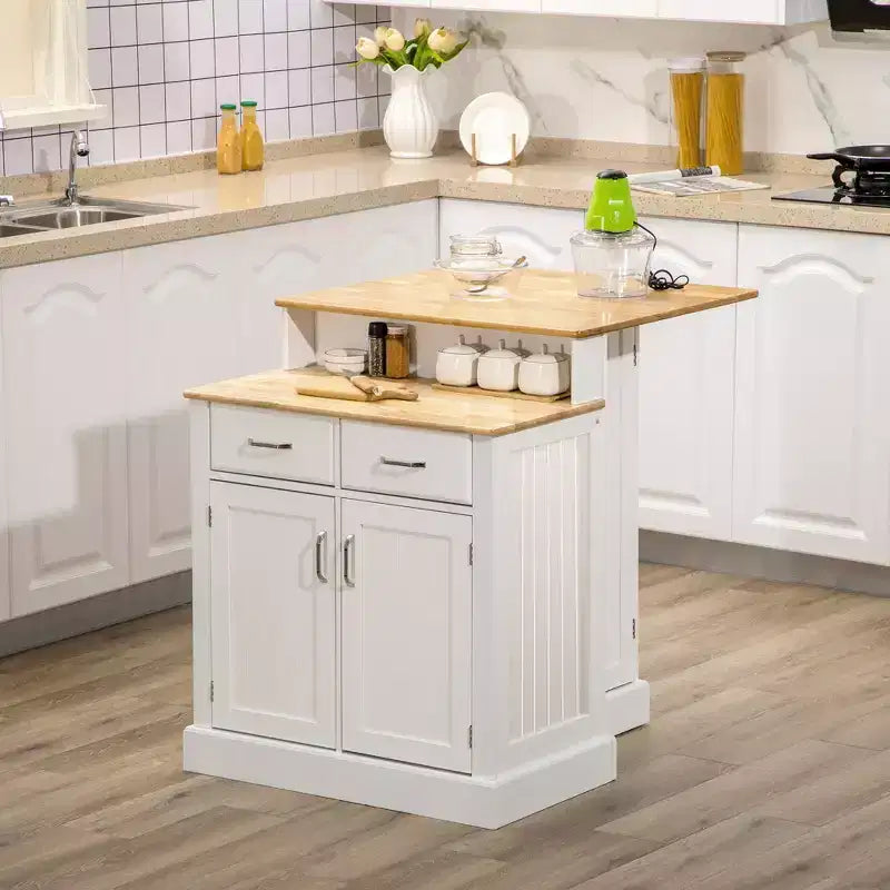 Isola da Cucina con Piano in Legno di Gomma a 2 Livelli, Tavolo a Isola con Ripiani Regolabili e Cassetti
