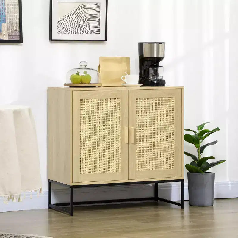 Mobile Credenza con Ante in Rattan, Ripiano Regolabile, Base in Metallo, Armadietto Contenitore per Soggiorno, Camera da Letto