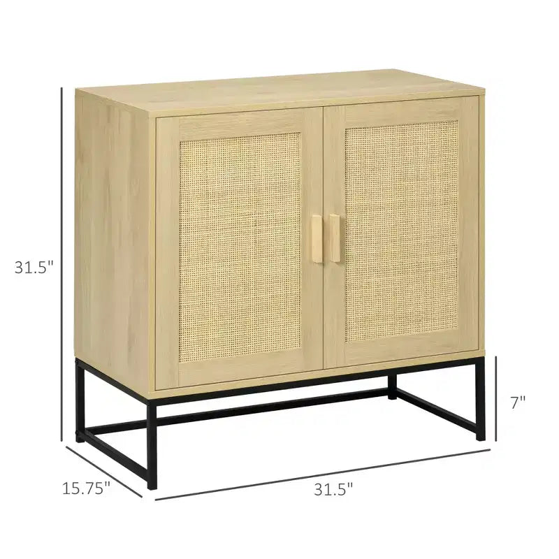 Mobile Credenza con Ante in Rattan, Ripiano Regolabile, Base in Metallo, Armadietto Contenitore per Soggiorno, Camera da Letto