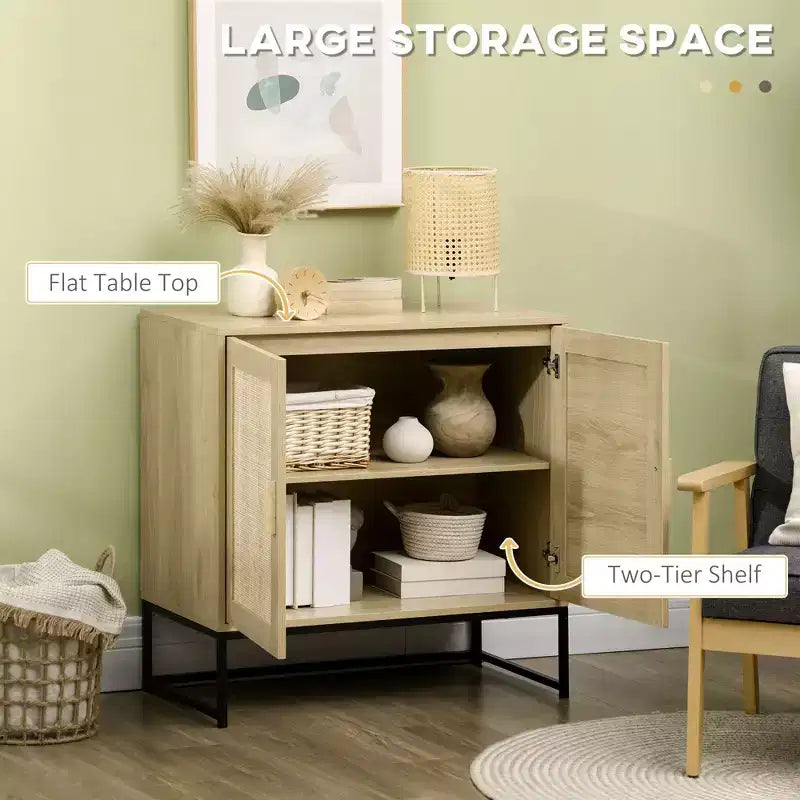 Mobile Credenza con Ante in Rattan, Ripiano Regolabile, Base in Metallo, Armadietto Contenitore per Soggiorno, Camera da Letto