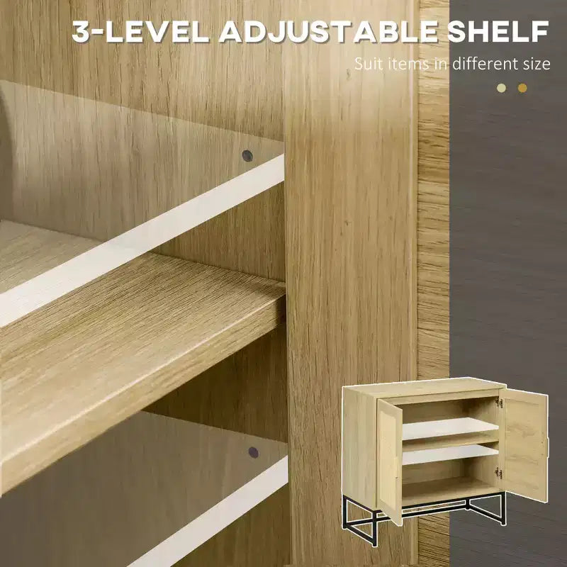 Mobile Credenza con Ante in Rattan, Ripiano Regolabile, Base in Metallo, Armadietto Contenitore per Soggiorno, Camera da Letto