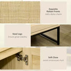 Mobile Credenza con Ante in Rattan, Ripiano Regolabile, Base in Metallo, Armadietto Contenitore per Soggiorno, Camera da Letto