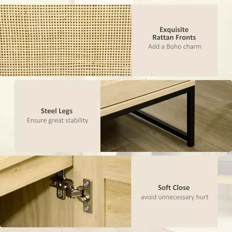 Mobile Credenza con Ante in Rattan, Ripiano Regolabile, Base in Metallo, Armadietto Contenitore per Soggiorno, Camera da Letto