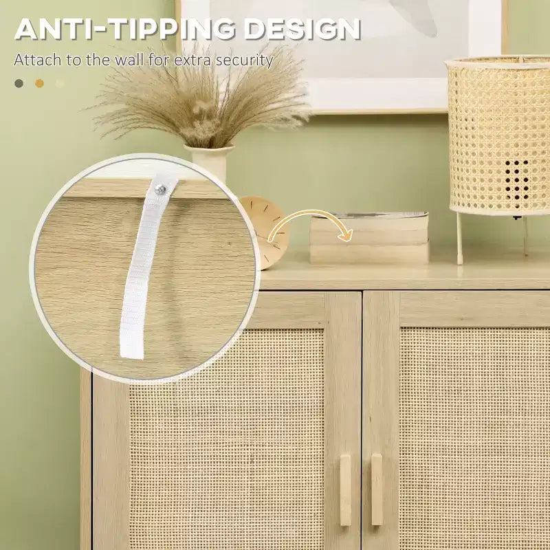 Mobile Credenza con Ante in Rattan, Ripiano Regolabile, Base in Metallo, Armadietto Contenitore per Soggiorno, Camera da Letto