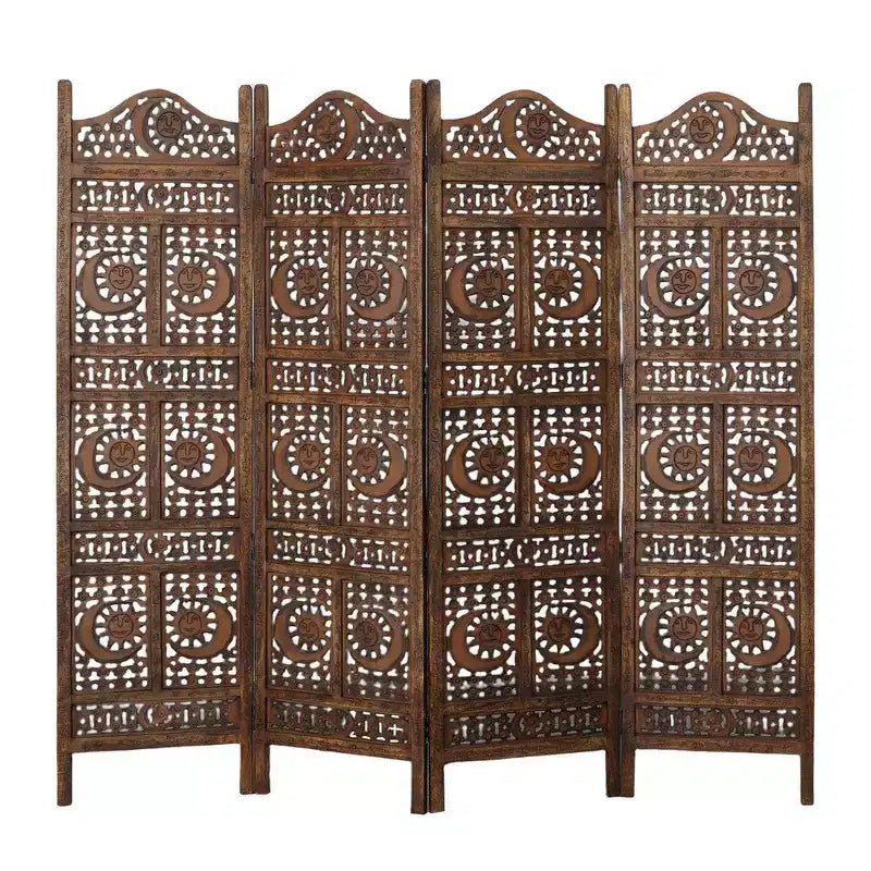 Divisorio per Ambienti Royal Hampton, 4 Pannelli, 71 Pollici, in Legno di Mango, Intagliato a Mano, Design Sole e Luna, Marrone