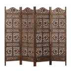 Divisorio per Ambienti Royal Hampton, 4 Pannelli, 71 Pollici, in Legno di Mango, Intagliato a Mano, Design Sole e Luna, Marrone