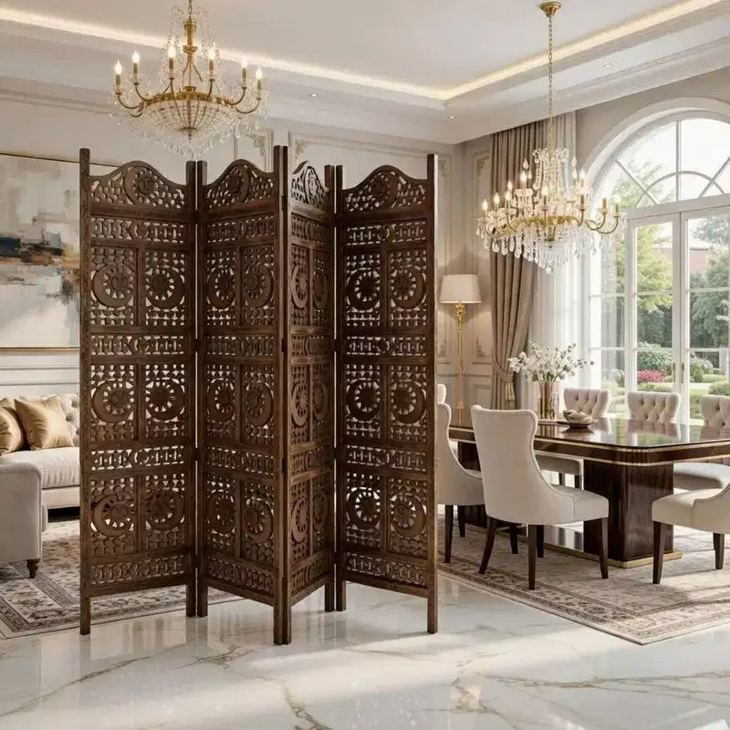 Divisorio per Ambienti Royal Hampton, 4 Pannelli, 71 Pollici, in Legno di Mango, Intagliato a Mano, Design Sole e Luna, Marrone