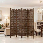 Divisorio per Ambienti Royal Hampton, 4 Pannelli, 71 Pollici, in Legno di Mango, Intagliato a Mano, Design Sole e Luna, Marrone