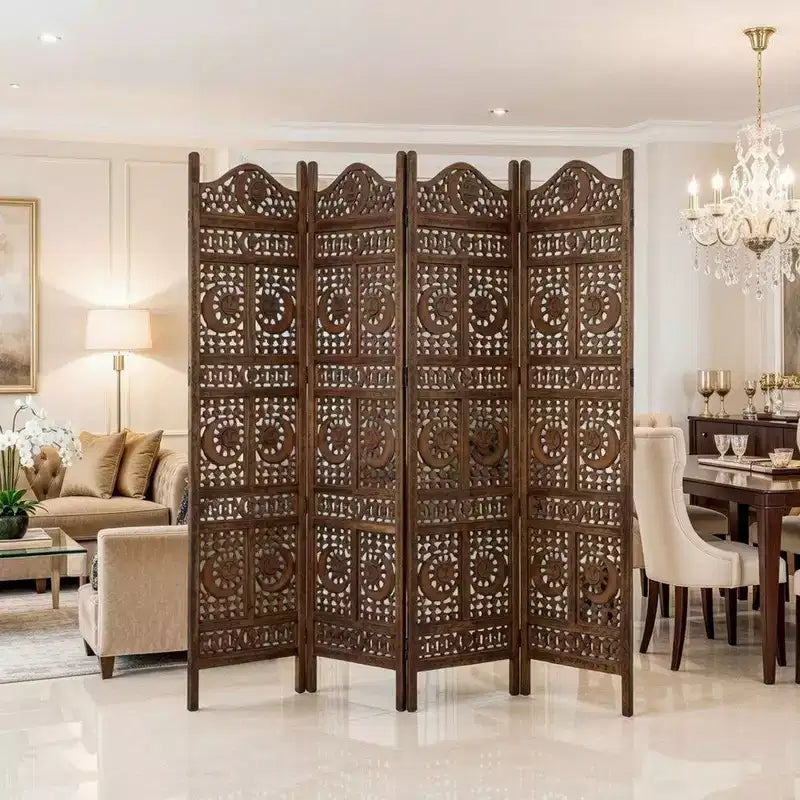Divisorio per Ambienti Royal Hampton, 4 Pannelli, 71 Pollici, in Legno di Mango, Intagliato a Mano, Design Sole e Luna, Marrone