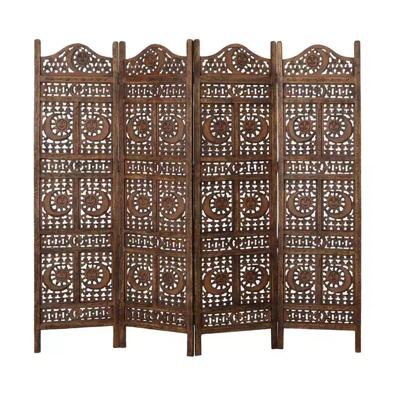 Divisorio per Ambienti Royal Hampton, 4 Pannelli, 71 Pollici, in Legno di Mango, Intagliato a Mano, Design Sole e Luna, Marrone