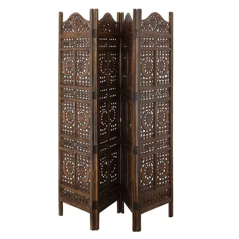 Divisorio per Ambienti Royal Hampton, 4 Pannelli, 71 Pollici, in Legno di Mango, Intagliato a Mano, Design Sole e Luna, Marrone