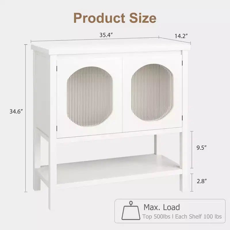 Mobile Caffetteria Moderno con Funzione Contenitore, Consolle Bianca con Ante in Vetro Scanalato e Scaffali Aperti, Credenza a Buffet per Ingresso, Cucina