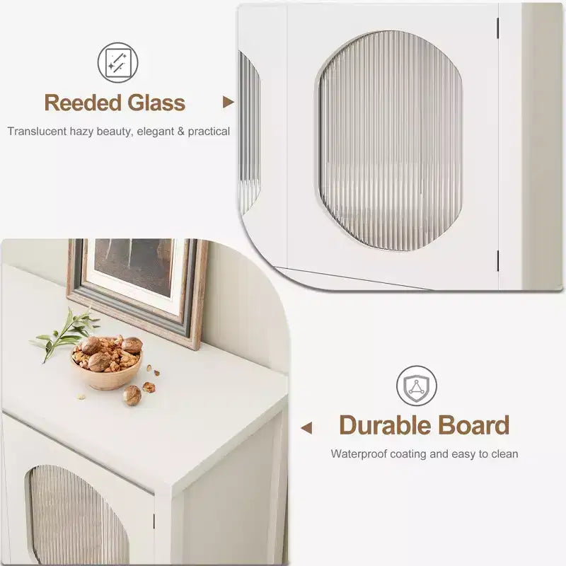 Mobile Caffetteria Moderno con Funzione Contenitore, Consolle Bianca con Ante in Vetro Scanalato e Scaffali Aperti, Credenza a Buffet per Ingresso, Cucina