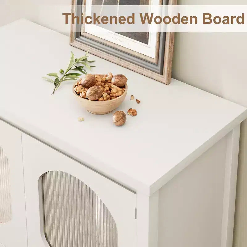 Mobile Caffetteria Moderno con Funzione Contenitore, Consolle Bianca con Ante in Vetro Scanalato e Scaffali Aperti, Credenza a Buffet per Ingresso, Cucina