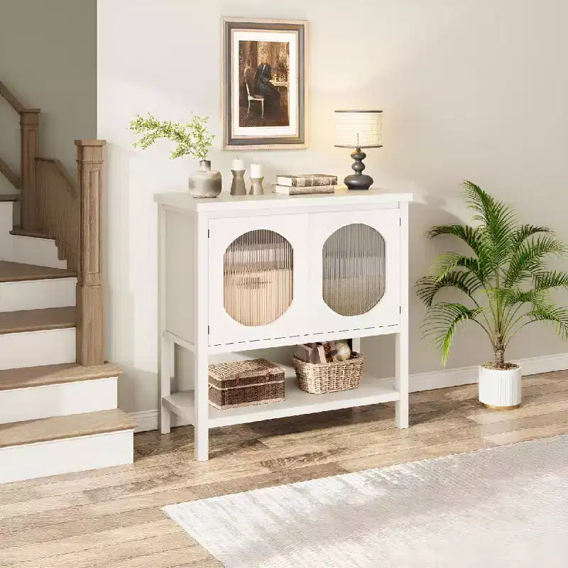 Mobile Caffetteria Moderno con Funzione Contenitore, Consolle Bianca con Ante in Vetro Scanalato e Scaffali Aperti, Credenza a Buffet per Ingresso, Cucina