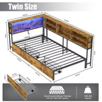 Divano letto angolare Okak Twin/Full per bambini con libreria e luce LED, letto a piattaforma moderno con libreria, non è necessaria la rete a molle