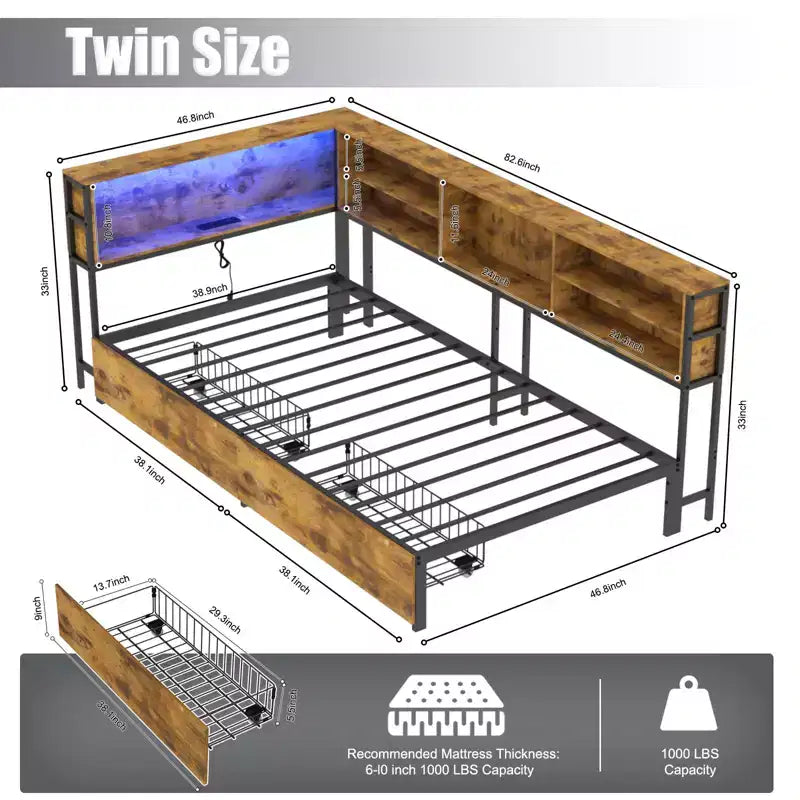 Divano letto angolare Okak Twin/Full per bambini con libreria e luce LED, letto a piattaforma moderno con libreria, non è necessaria la rete a molle