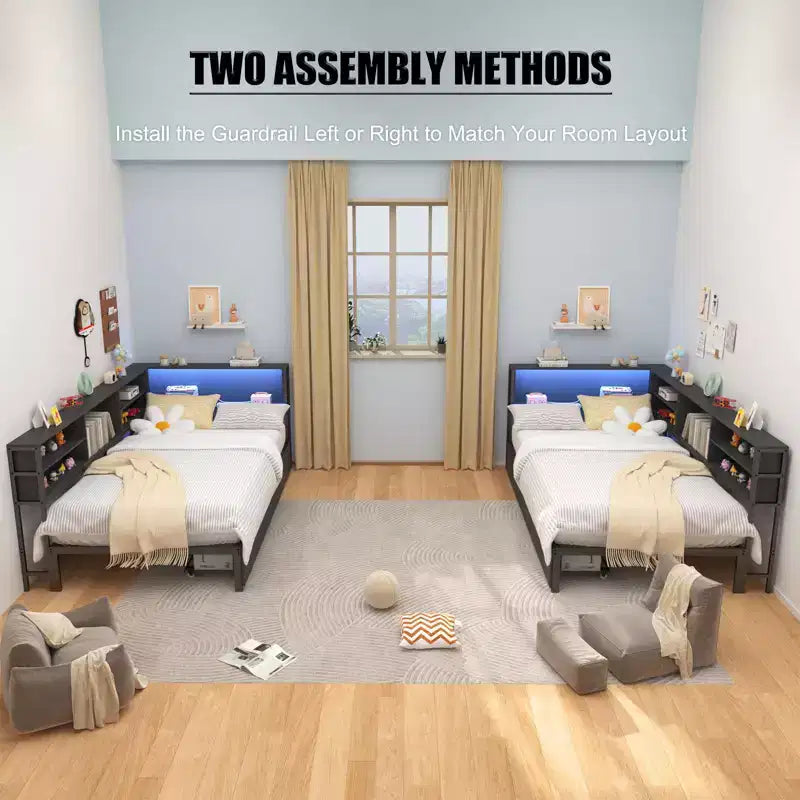 Divano letto angolare Okak Twin/Full per bambini con libreria e luce LED, letto a piattaforma moderno con libreria, non è necessaria la rete a molle