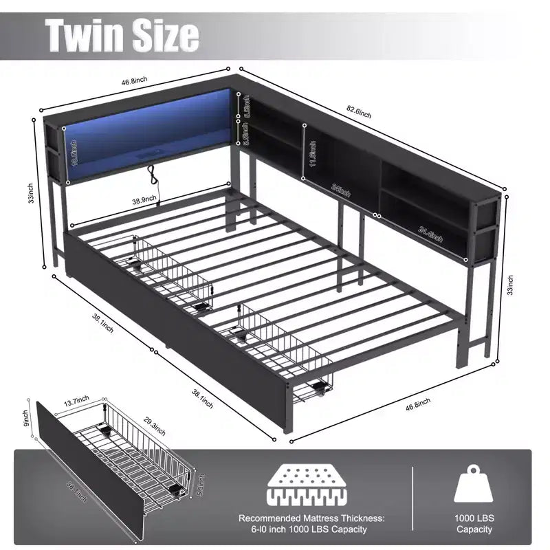Divano letto angolare Okak Twin/Full per bambini con libreria e luce LED, letto a piattaforma moderno con libreria, non è necessaria la rete a molle
