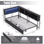 Divano letto angolare Okak Twin/Full per bambini con libreria e luce LED, letto a piattaforma moderno con libreria, non è necessaria la rete a molle