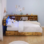 Divano letto angolare Okak Twin/Full per bambini con libreria e luce LED, letto a piattaforma moderno con libreria, non è necessaria la rete a molle