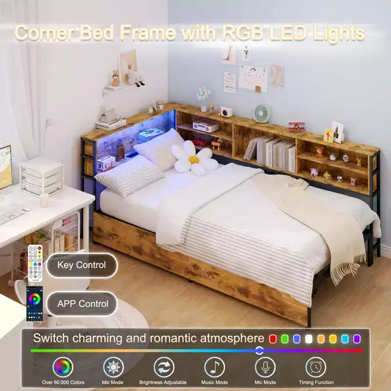 Divano letto angolare Okak Twin/Full per bambini con libreria e luce LED, letto a piattaforma moderno con libreria, non è necessaria la rete a molle